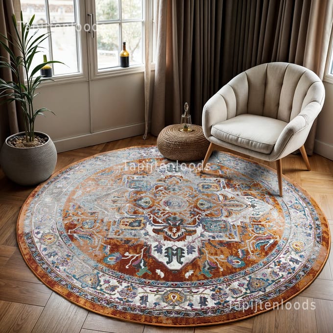 Picasso Castana Vintage Rond Vloerkleed Terra / Multi Laagpolig- 300 CM Ø