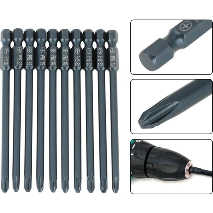 10 stuks S2 Staal Kruiskop PH2 Schroevendraaier Bits Set 1/4 inch Zeskant Schacht 100mm