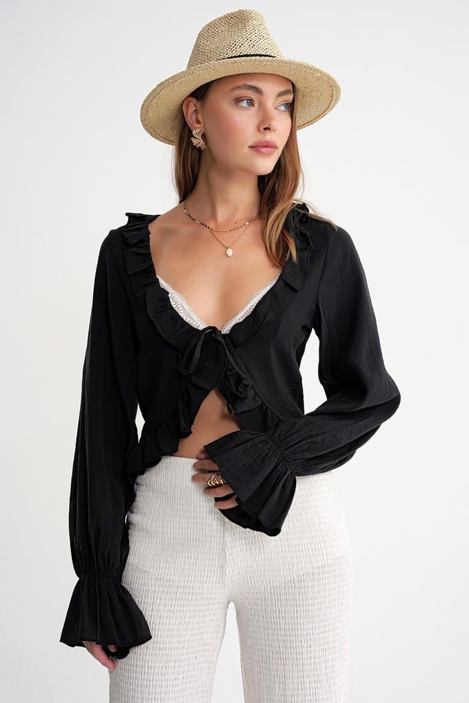 Frilly V-hals Lange Mouw Crop Blouse