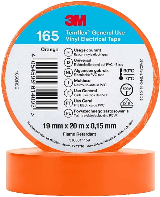 3M Isolatie Tape - 19mm breed - 0,152mm dik - 20 meter - Oranje
