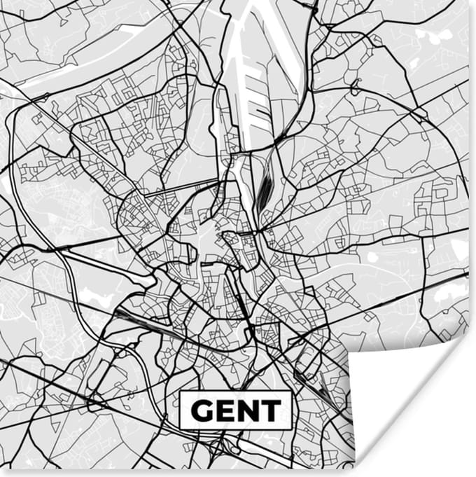 Poster Kaart – Plattegrond – Stadskaart – Gent – België – Zwart Wit - 50x50 cm