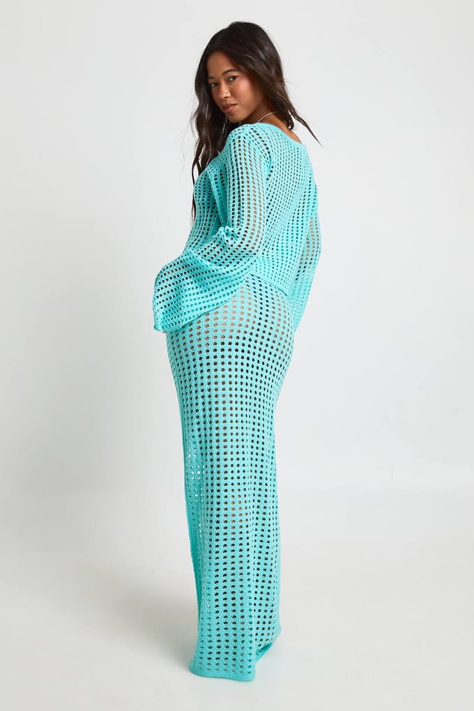 boohoo Dames Gehaakte Gebreide Maxi Rok | Aqua | Maat: Medium
