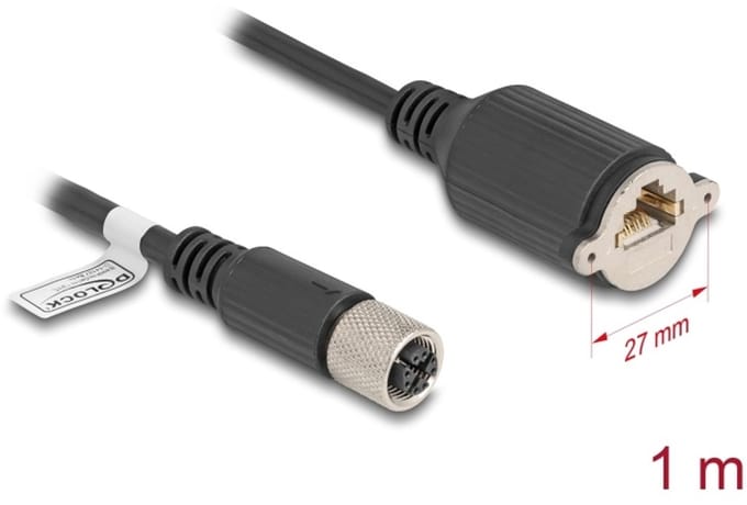 Delock M12 Cable X-coded 8 pin female to RJ45 jack for installation Cat.6A S/FTP 1 m black