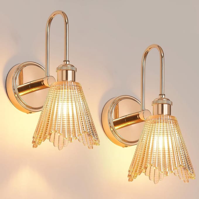 Wandlampen Set van 2 Vintage Goud met Amberglas Lampenkap