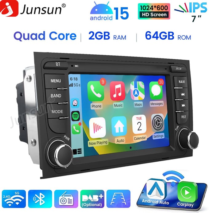 Hexinex Quad-Core autoradio Geschikt voor Audi A4 - Draadloos CarPlay, Android Auto, Android 15,GPS Navi, multimediaspeler, 2GB+64GB