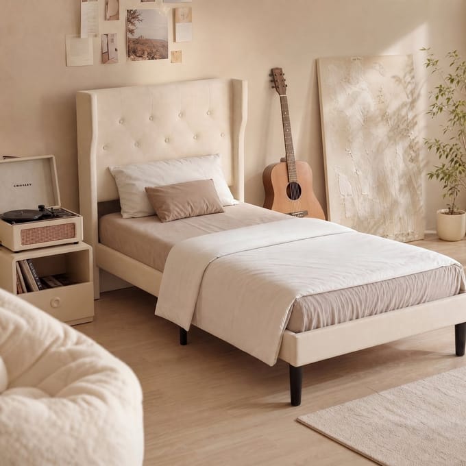 Bealife AF14 Bedframe - 200 x 90 cm - Gestoffeerd Hoofdbord - Beige