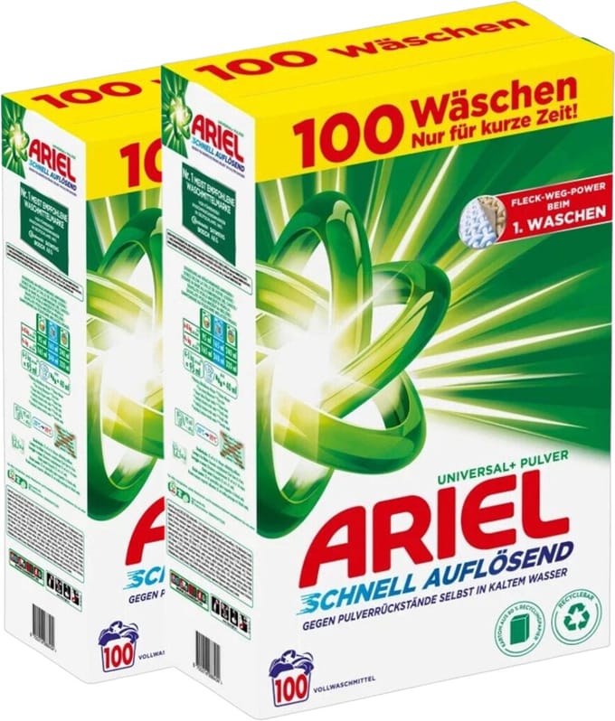 Ariel - Wasmiddel - Waspoeder - Quick Dissolving - Universal+ - 200 wasbeurten (2 x 6KG) - Effectief vanaf 30°C - Voor de witte was - Snelle oplossing