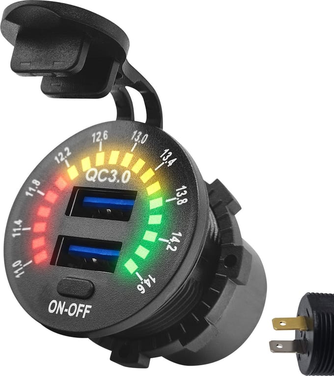 ProRide 12V USB Autolader 2 Poorten Inbouw met Schakelaar/Voltmeter - QC3.0 - USB Stopcontact, Boot en Camper