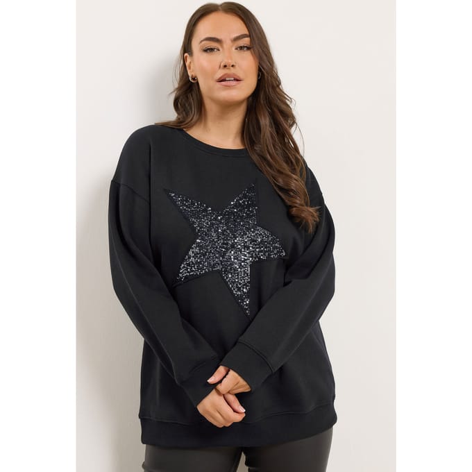 Yours Zwarte Sweatshirt Met Pailletten Versierde Sterren Size 58-60