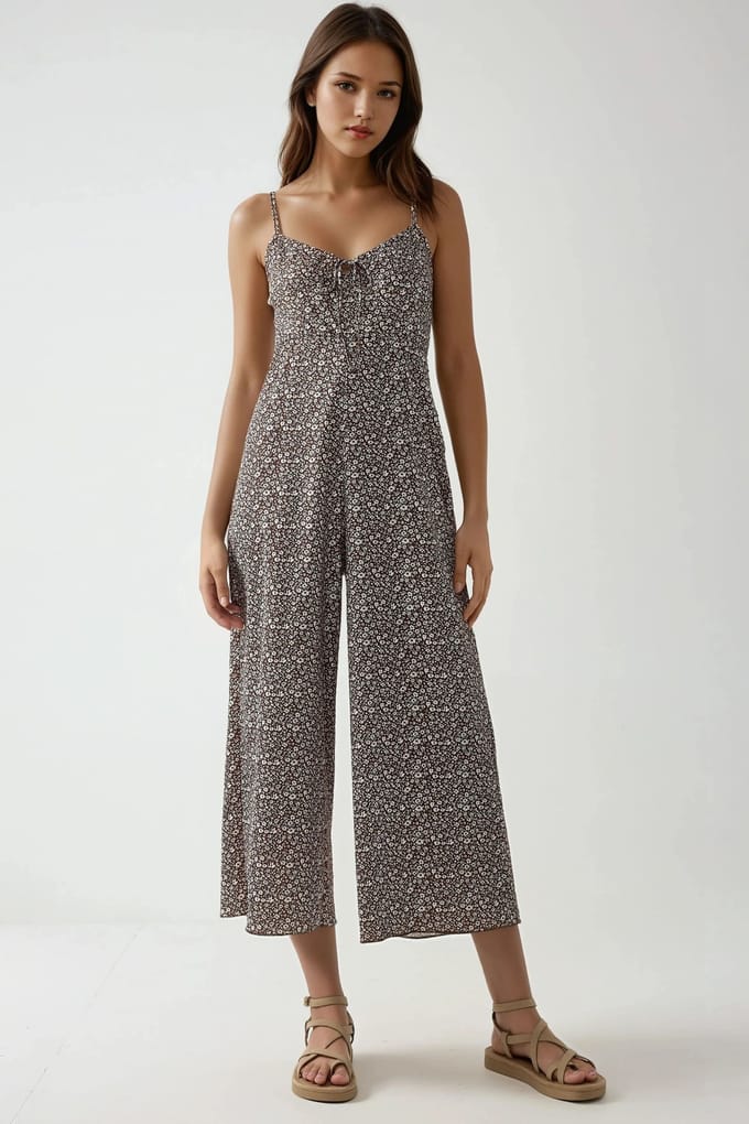 Wijde Been Bloemen Gebreide Jumpsuit met V-hals