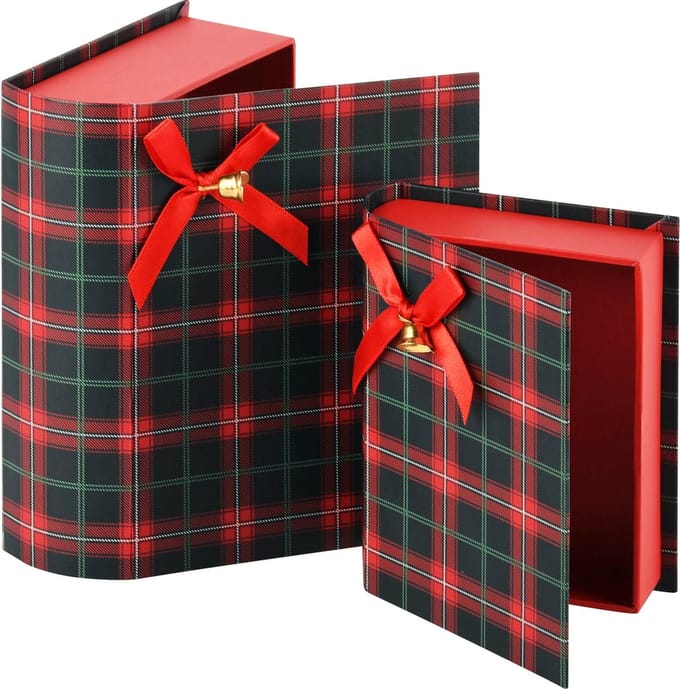 Dekoratief | Set 2 boekdoosjes geruit, rood/zwart, karton, 15x12x5cm | A225136