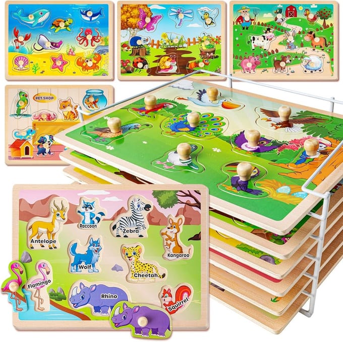 Houten Puzzels voor Peuters 1-3 Jaar: 6 Stuks Dierenpuzzel Set