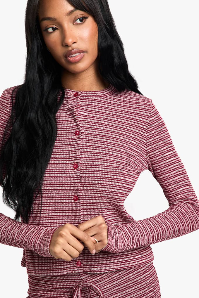 boohoo Dames Gestreepte Jersey Top met Knopen aan de Voorkant | Red | Maat: 6