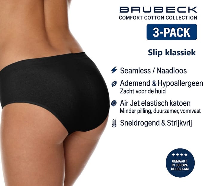 Brubeck Dames Slip Klassiek – Naadloos (Seamless) Elastisch Katoen – 3-Pack - Zwart - M