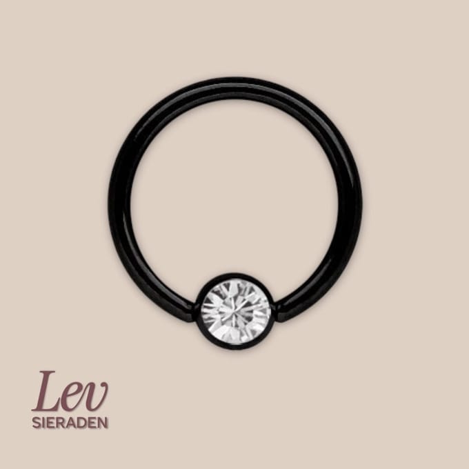 Titanium Ball closure ring piercing - 1.2x10mm - Zwart met zirkonia steen - Lev Sieraden - BCR - Piercing ring