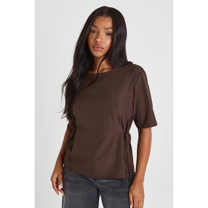 boohoo Dames Geweven Marl Top met strikdetail en gesnoerde taille | Chocoladebruin | Maat: 38