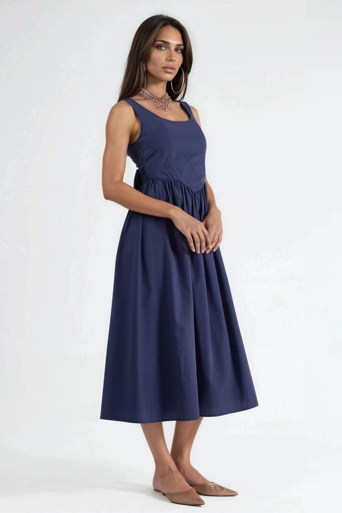 Vierkante Kraag Midi-jurk met Strikdetail