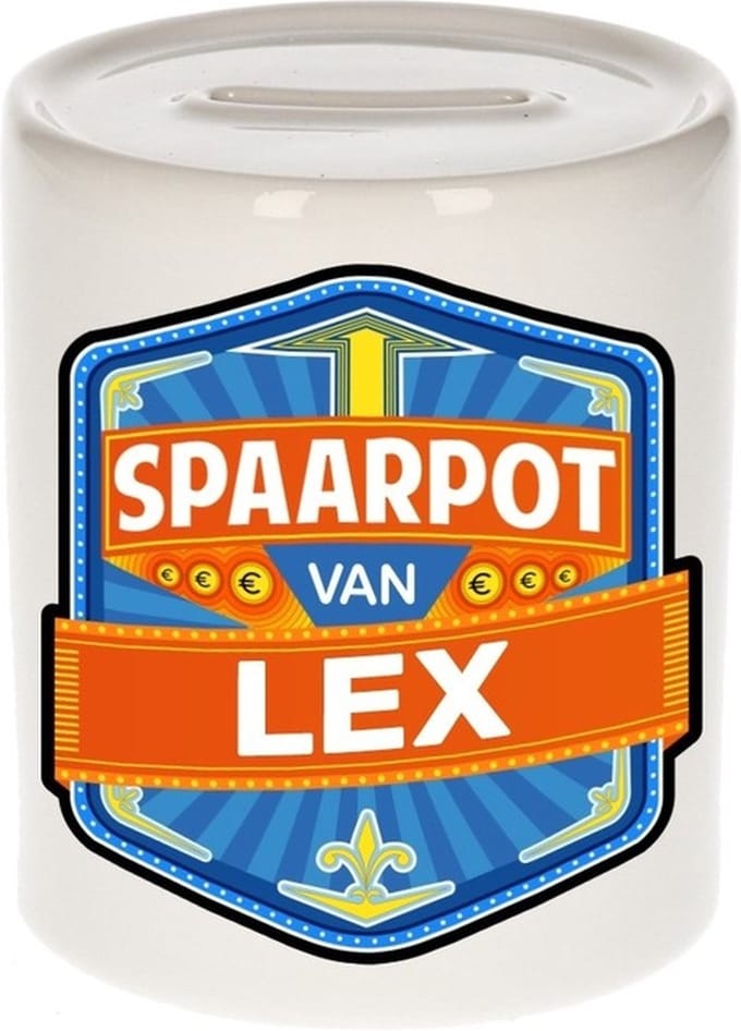 Bellatio Decorations Kinder spaarpot met naam - Lex - keramiek - met dop - wit - Sparen - Spaargeld van Lex
