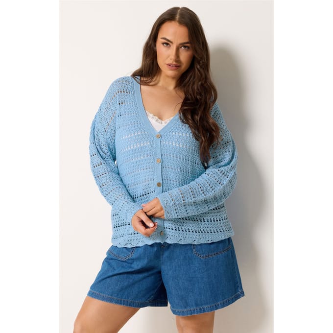 Yours Blauw Pointelle Gebreid Vest Size 54-56