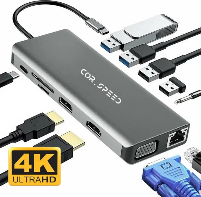 Cor.Speed 12-in-1 USB-C Docking Station - Dual HDMI - Space Grey