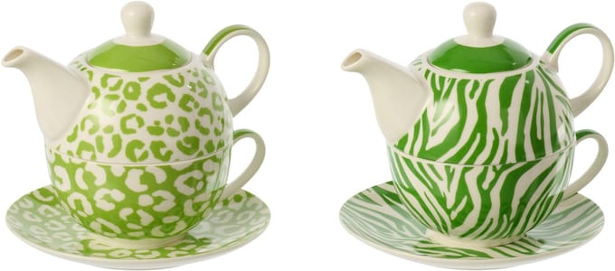 J-Line theepot Luipaard + Zebra - porselein - groen/wit - doos van 2