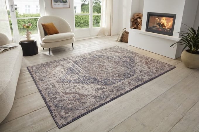 Flycarpets Terrain Designer Laagpolig vloerkleed - Crème / Blauw - 80x200 cm