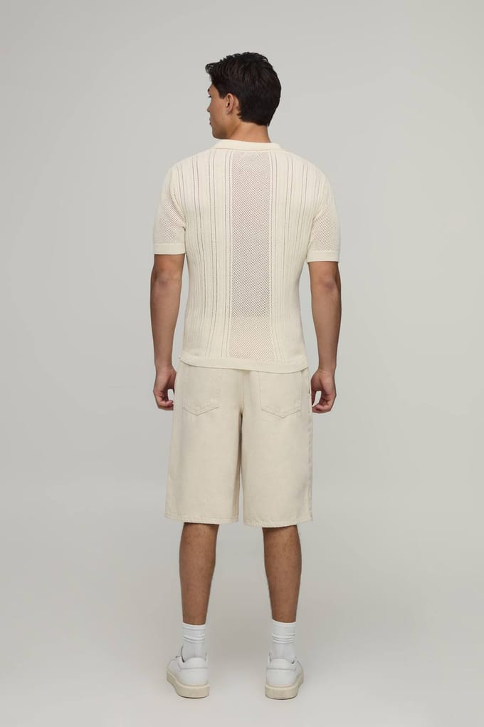 Boxy Fit V Neck Open Rib Knitted Polo T-Shirt | Ecru | Size Medium