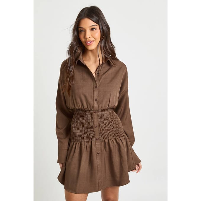 boohoo Dames Geraffelde taille overhemdjurk | Chocolate | Maat: 8