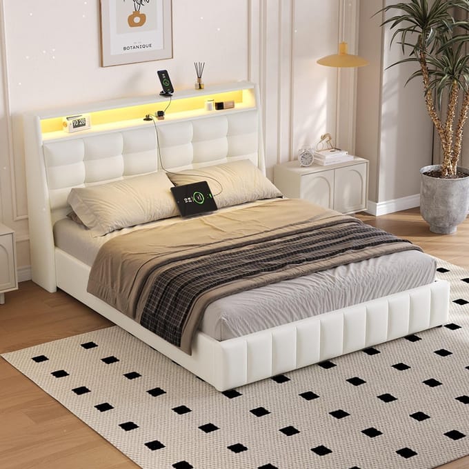 Pugsdrly Gestoffeerd platformbed 160 x 200 met ledverlichting en USB, opbergruimte onder het bed, verstelbare hoofdbordkussens, wit