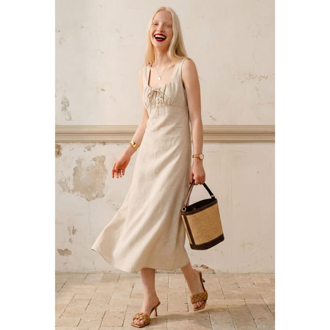 Midi Linnen Jurk met Strikdetail