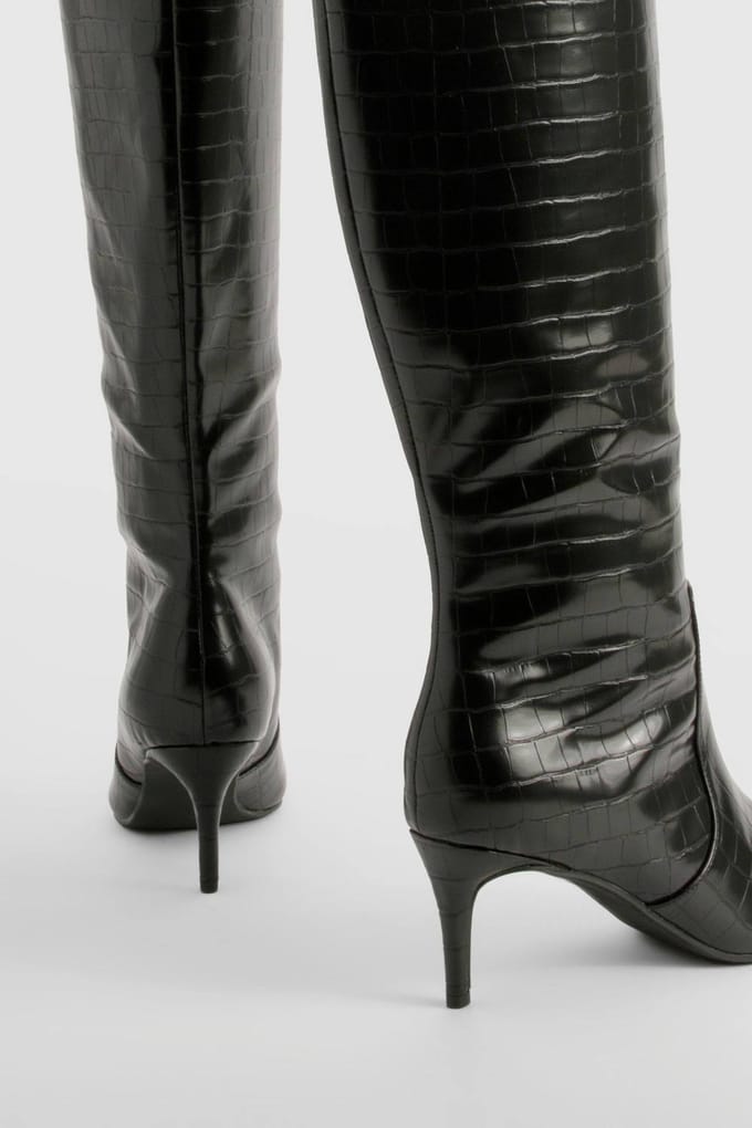 boohoo Dames Gebogen Stiletto Kniehoge Laarzen | Black | Maat: 4
