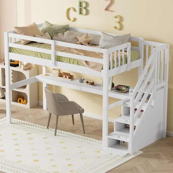 REDOM Hoogslaper 90x200 cm van grenenhout/MDF – Met bureau, opberglades en bedhek – Wit