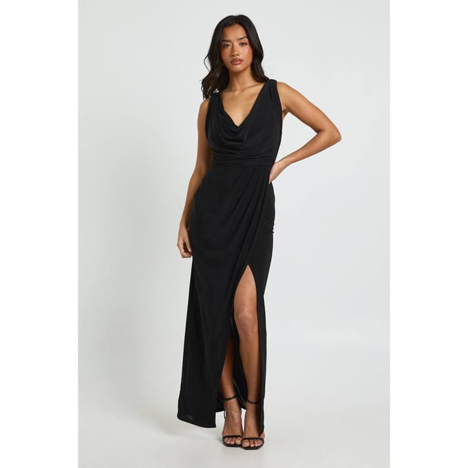 boohoo Dames Petite Slinky Geplooide Wikkel Maxi Jurk | Black | Maat: 4