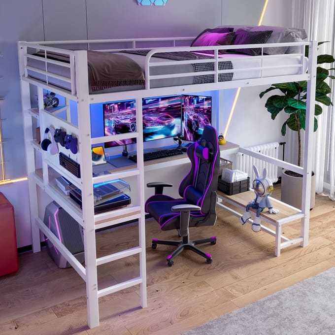 MODFU – Hoogslaper met Bureau en Opbergrekken – 90x200 cm – LED & USB-C – Ruimtebesparend voor Student – Metaal – Wit