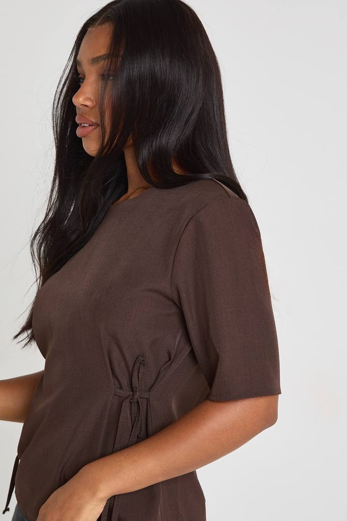 boohoo Dames Geweven Marl Top met strikdetail en gesnoerde taille | Chocoladebruin | Maat: 38