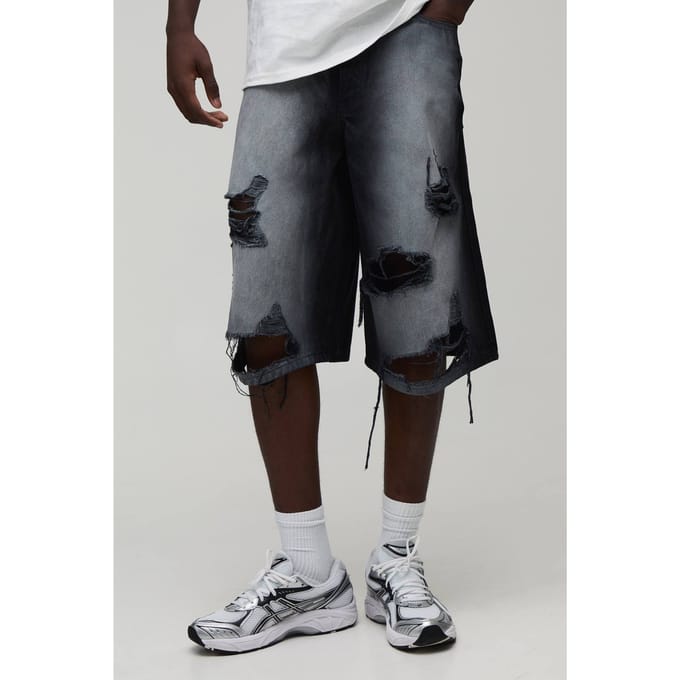 Fade Wash Extreme Distressed Longline Jorts | Washed Black | Size 50