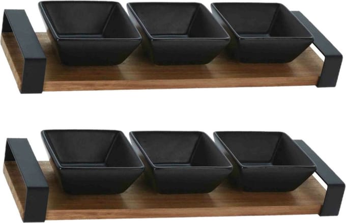 Excellent Houseware Serveerplank met 3 hapjes/saus/tapas schaaltjes - 2x - hout - 32 x 10 cm