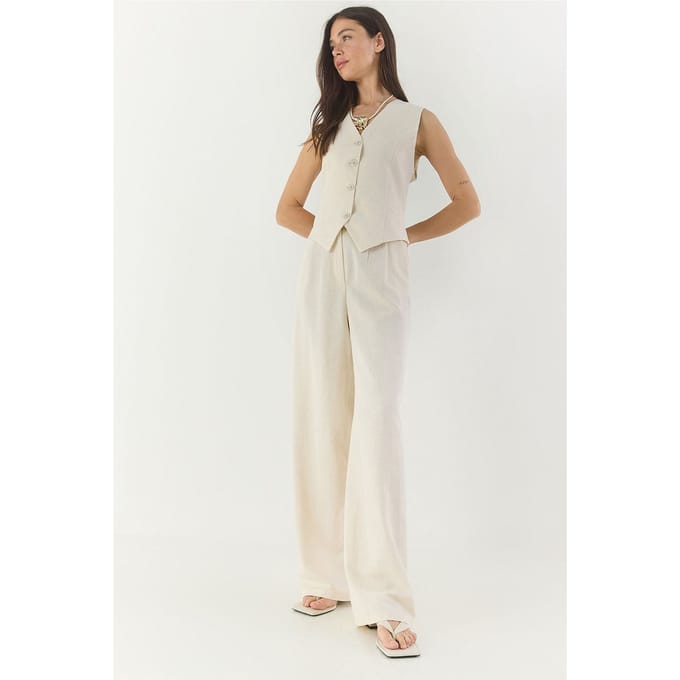 V-hals Vest en Wijde Pantalon Twee-delige Coord Set