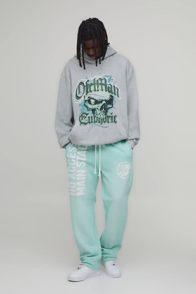 Oversized Hoodie Met Verwassen Euforie Schedel Print | Grey | Size Medium