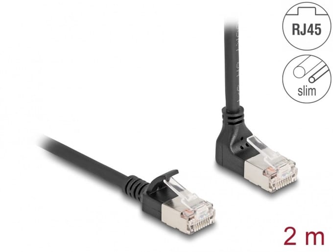 Delock RJ45 Network Cable Cat.6A S/FTP Slim 90° upwards angled / straight 2 m black