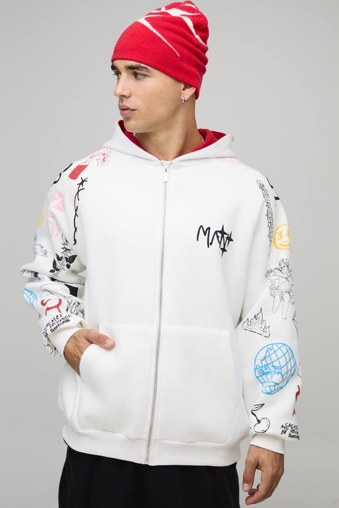 Oversized Zip Through Doodle Sleeve Printed Hoodie | Ecru | Size Medium