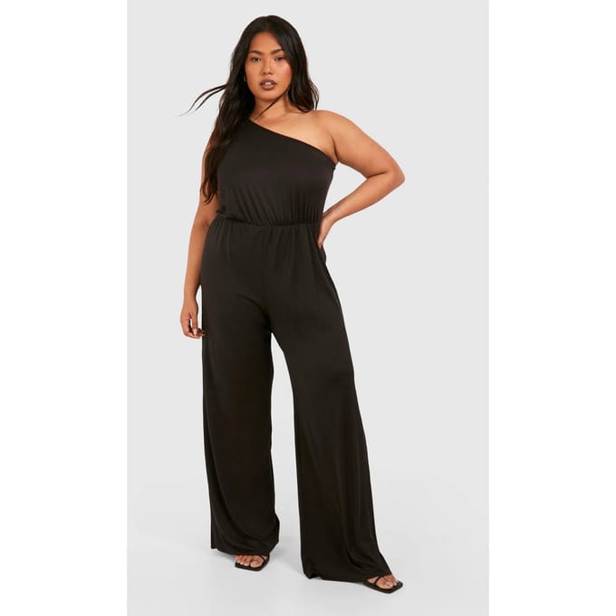 boohoo Dames Plus Super Zachte Basic One Shoulder Strand Jumpsuit | Black | Maat: 26