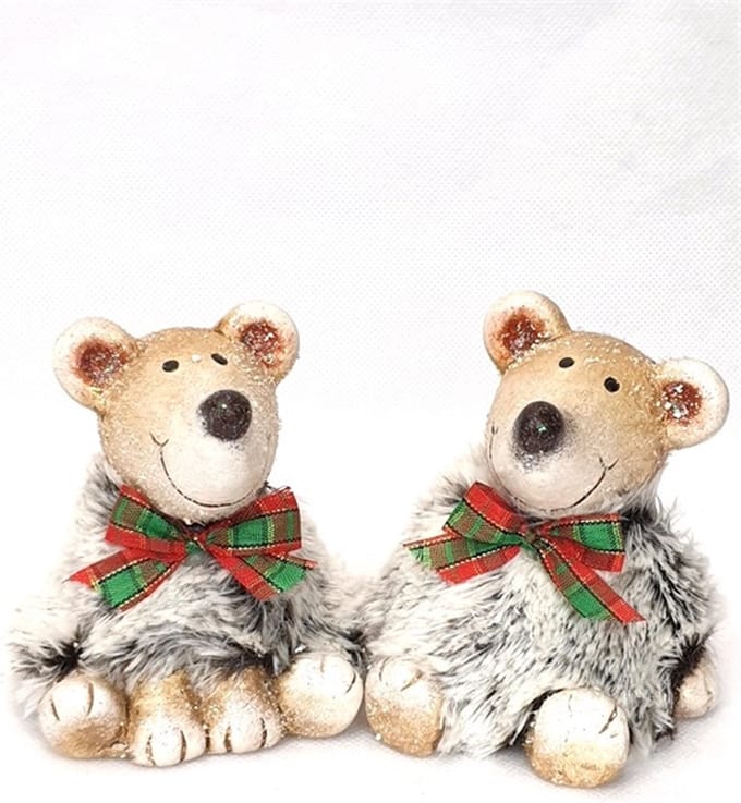 Mansion atmosphere - Set van zittende beertjes met strik - Kerstdecoratie - 6x5x6,5 cm