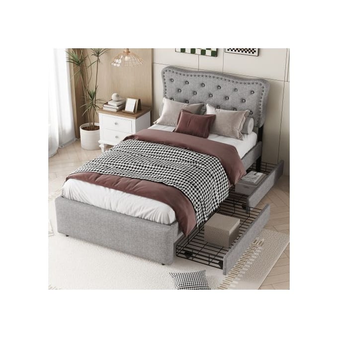 Bed - MUVOE - 90x200 cm - Gestoffeerd - Opberglades - Hedendaags design grijs
