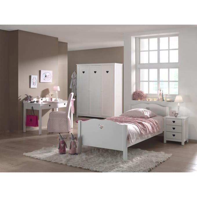 LUCEVI - Amori bed + Nachtkastje + 3 Deurs Kleerkast + Bureau - Wit - 90x200 cm