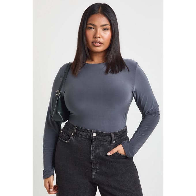 boohoo Dames Plus Dubbele Laag Slinky Lange Mouw Bodysuit | Slate Grey | Maat: 28