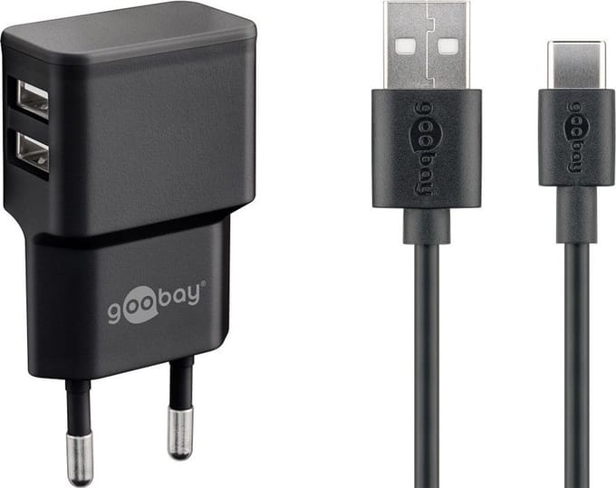 Goobay 12 W USB-C dubbele laadset, Voeding met 2x USB-aansluiting en USB Type-C 1 m kabel (zwart)