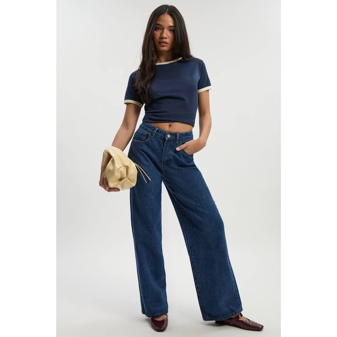 Dames Boohoo Basics Jeans met Hoge Taille en Wijde Pijpen | Medium Blauw | Maat: 12/32L