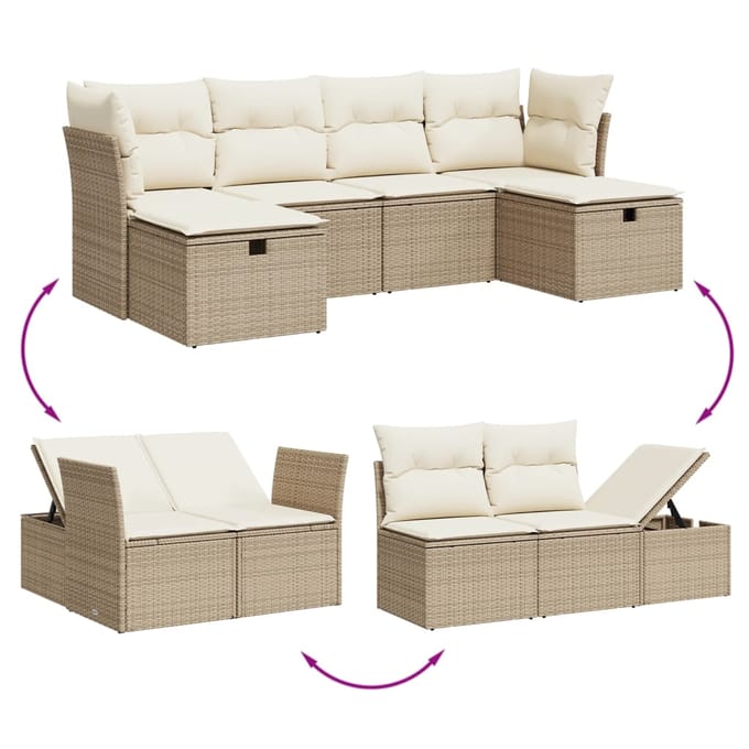 vidaXL - 6-delige - Loungeset - met - kussens - poly - rattan - beige