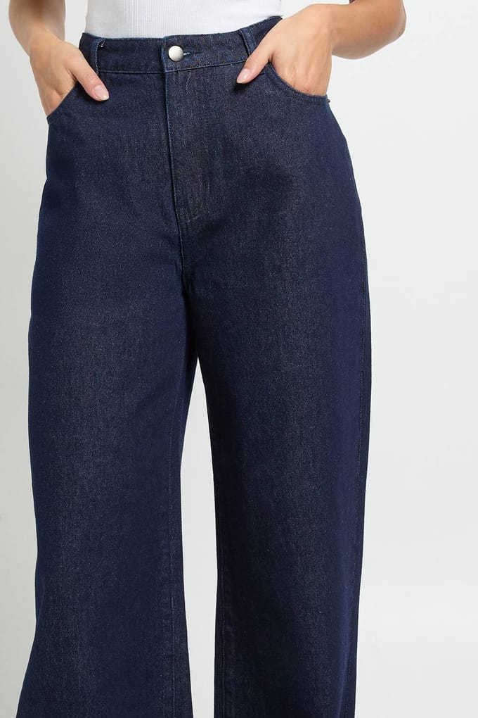 boohoo Dames Hoge Taille Wijde Pijpen Jeans | Indigo | Maat: 10